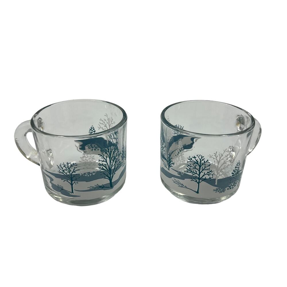 Vintage Anchor Hocking Clear Glass Coffee Tea Mugs Set 2 Christmas Winter 1970's